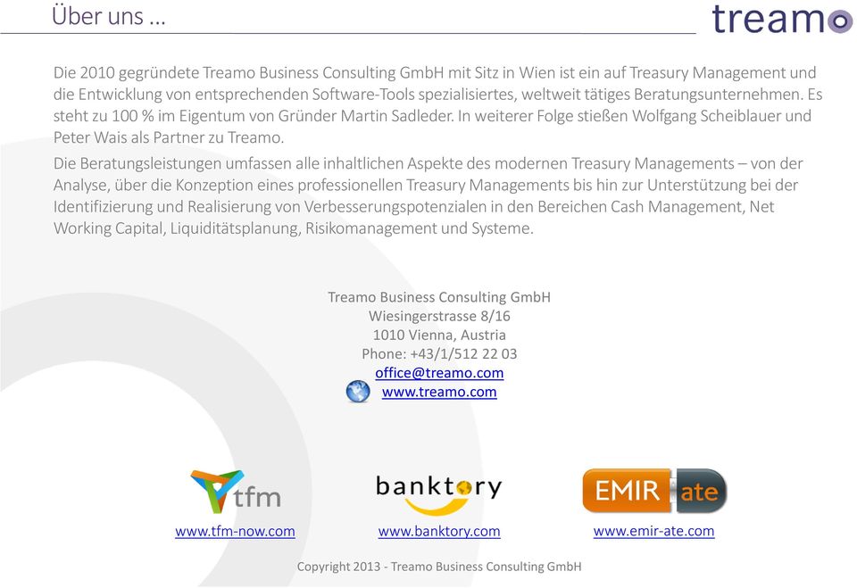 Beratungsunternehmen. Es steht zu 100 % im Eigentum von GründerMartin Sadleder. In weiterer Folge stießen Wolfgang Scheiblauerund Peter Wais als Partner zu Treamo.