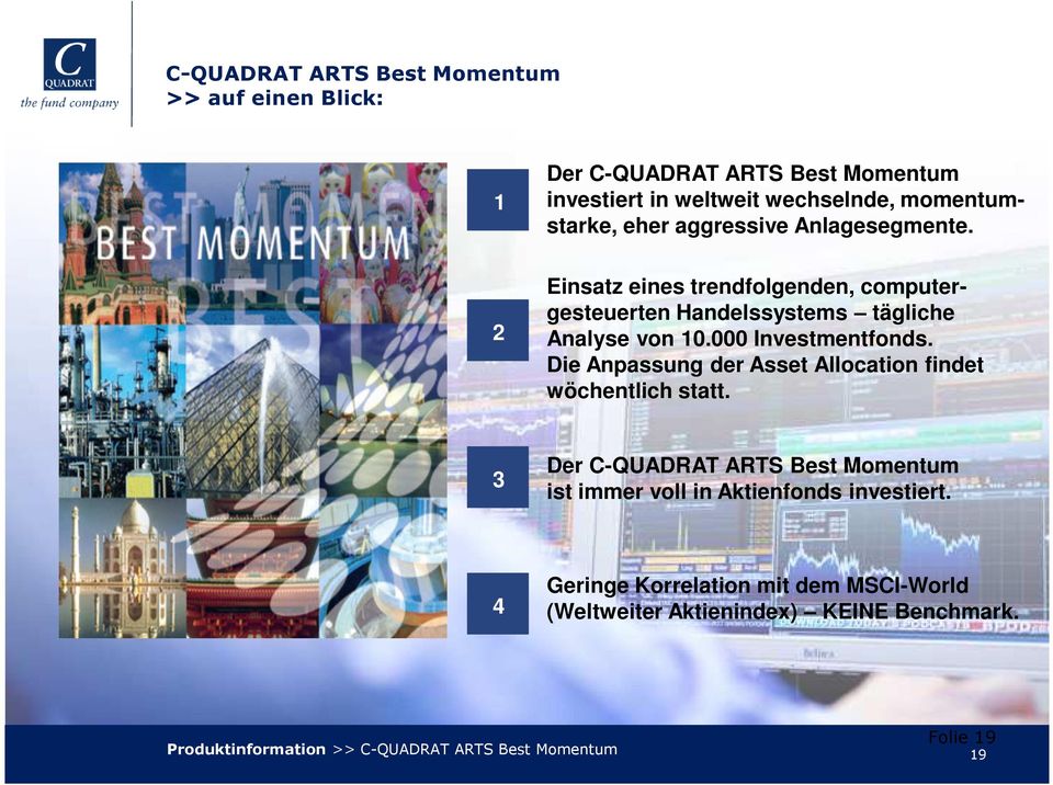 Die Anpassung der Asset Allocation findet wöchentlich statt. 3 Der C-QUADRAT ARTS Best Momentum ist immer voll in Aktienfonds investiert.
