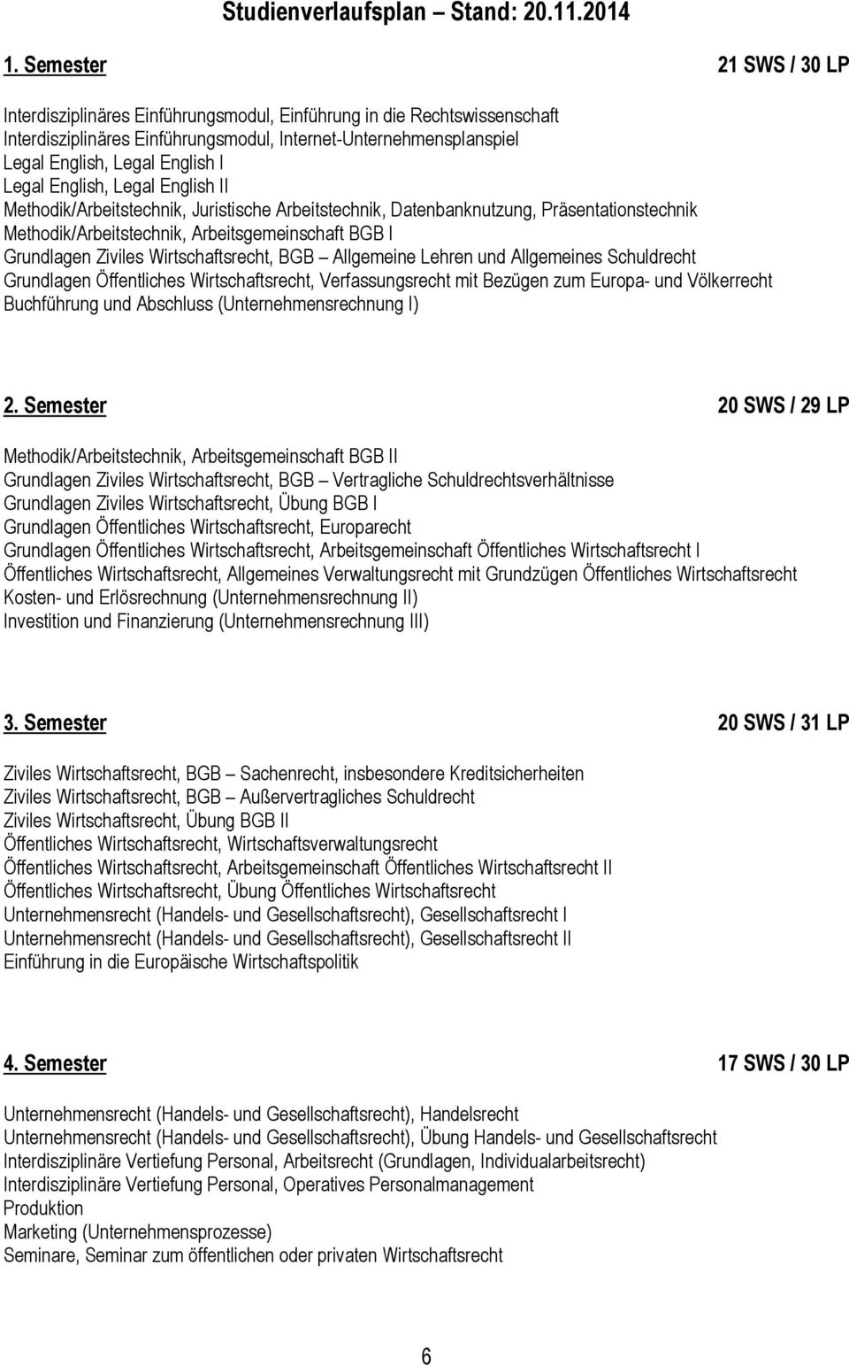 Legal English, Legal English II Methodik/Arbeitstechnik, Juristische Arbeitstechnik, Datenbanknutzung, Präsentationstechnik Methodik/Arbeitstechnik, Arbeitsgemeinschaft BGB I Grundlagen Ziviles