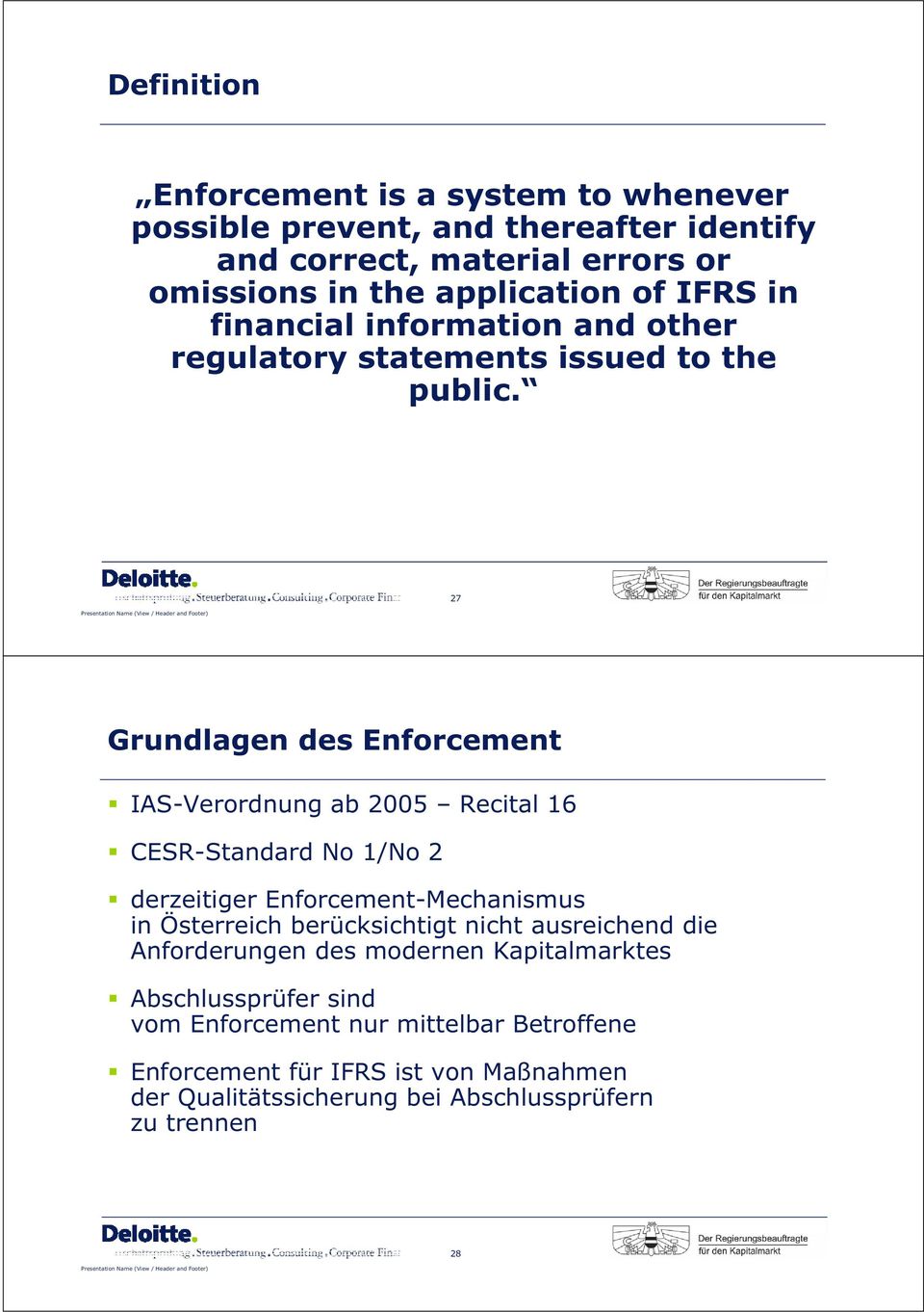 27 Grundlagen des Enforcement IAS-Verordnung ab 2005 Recital 16 CESR-Standard No 1/No 2 derzeitiger Enforcement-Mechanismus in Österreich berücksichtigt