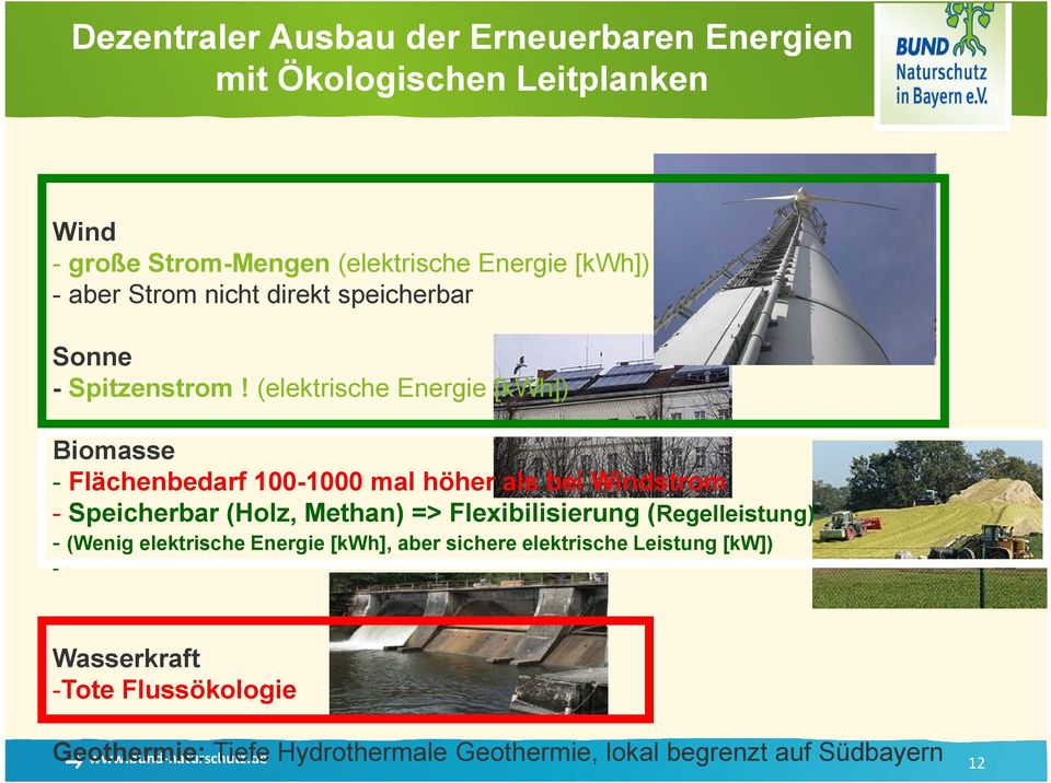 (elektrische Energie [kwh]) Biomasse -Flächenbedarf 100-1000 mal höher als bei Windstrom - Speicherbar (Holz, Methan) =>