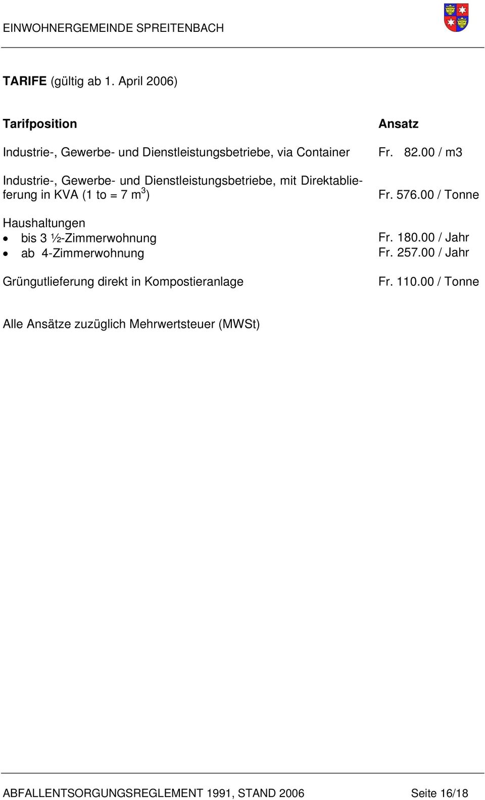 00 / m3 Industrie-, Gewerbe- und Dienstleistungsbetriebe, mit Direktablieferung in KVA (1 to = 7 m 3 ) Fr. 576.