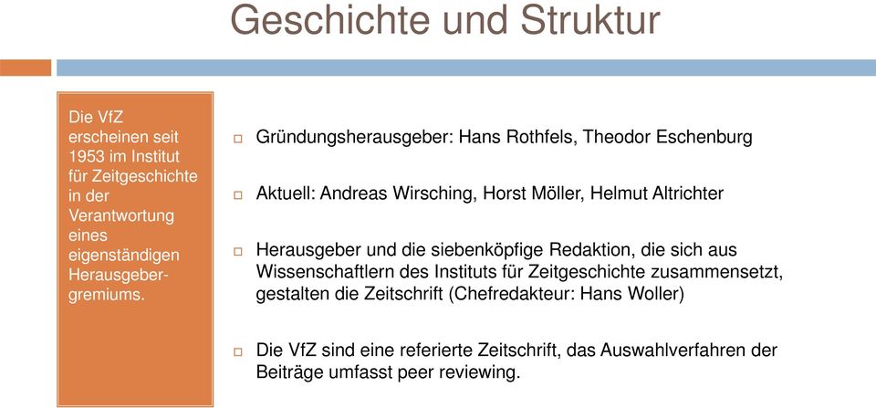 Gründungsherausgeber: Hans Rothfels, Theodor Eschenburg Aktuell: Andreas Wirsching, Horst Möller, Helmut Altrichter Herausgeber und