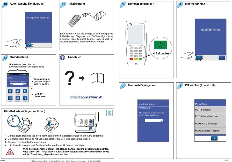 Grundzustand Handbuch 4 Sekunden Statusleiste (Akku, Uhrzeit, Kommunikationsinfo und Signalstärke) Betragseingabe (Beispiel: Eingabe 5000 für 50,00 ) Terminal-ID eingeben PU wählen (Anwahlsatz)