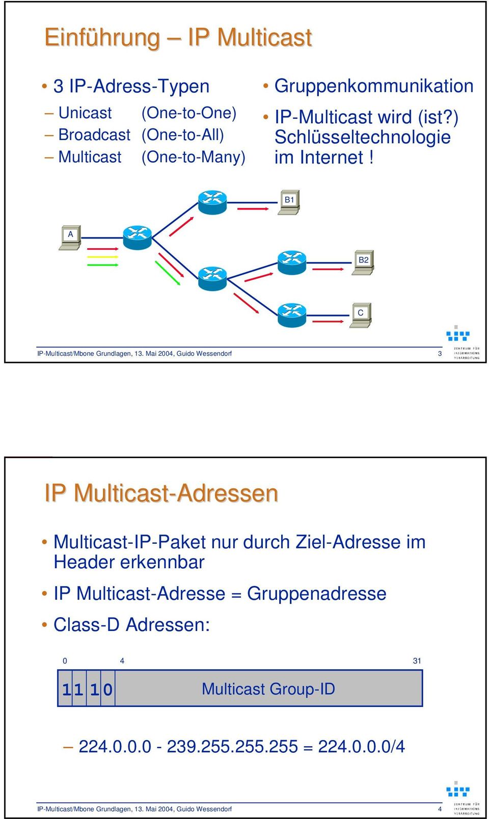 Mai 2004, Guido Wessendorf 3 IP Multicast-Adressen Multicast-IP-Paket nur durch Ziel-Adresse im Header erkennbar IP Multicast-Adresse