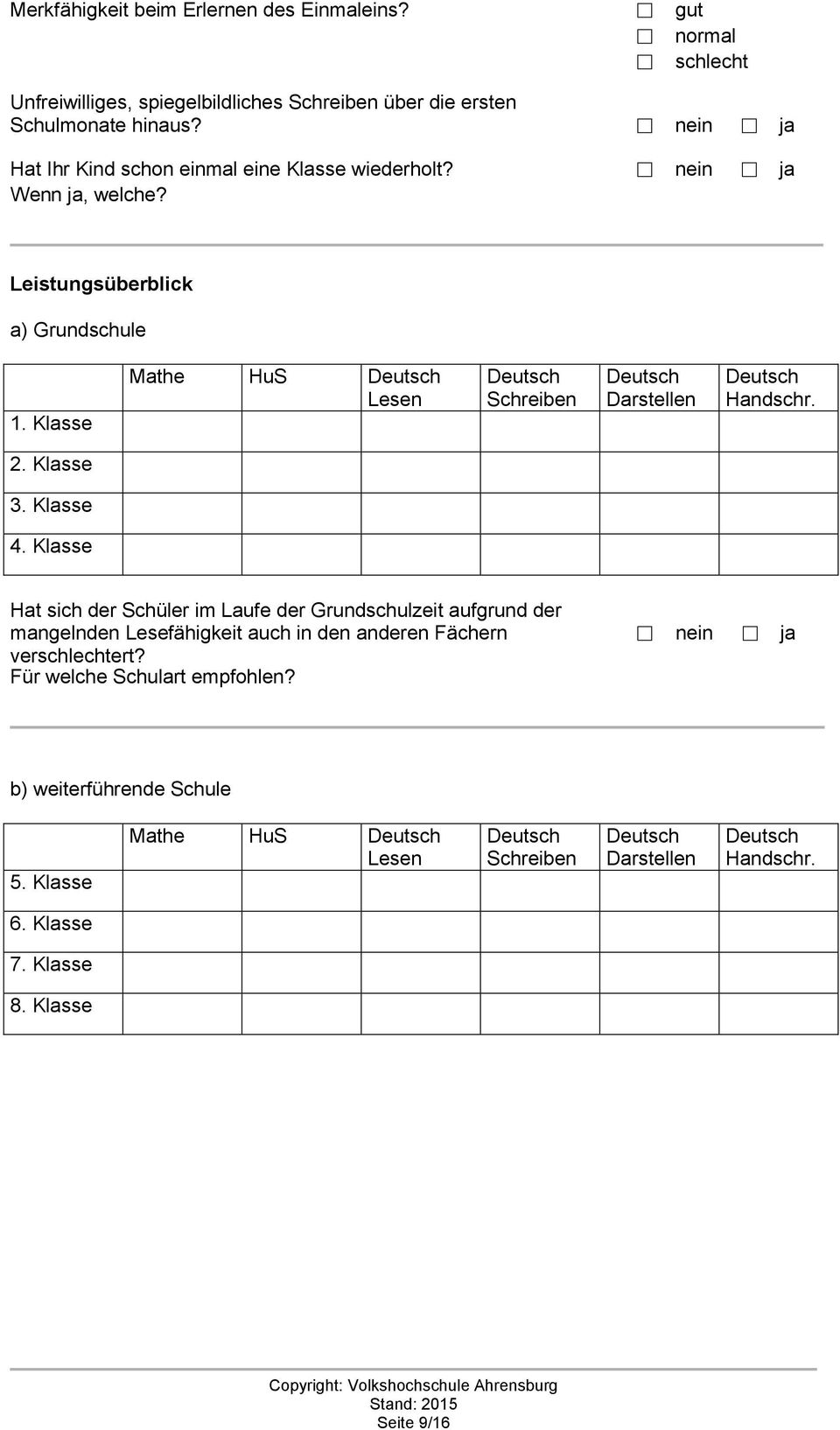 Klasse Mathe HuS Deutsch Lesen Deutsch Schreiben Deutsch Darstellen Deutsch Handschr. 2. Klasse 3. Klasse 4.