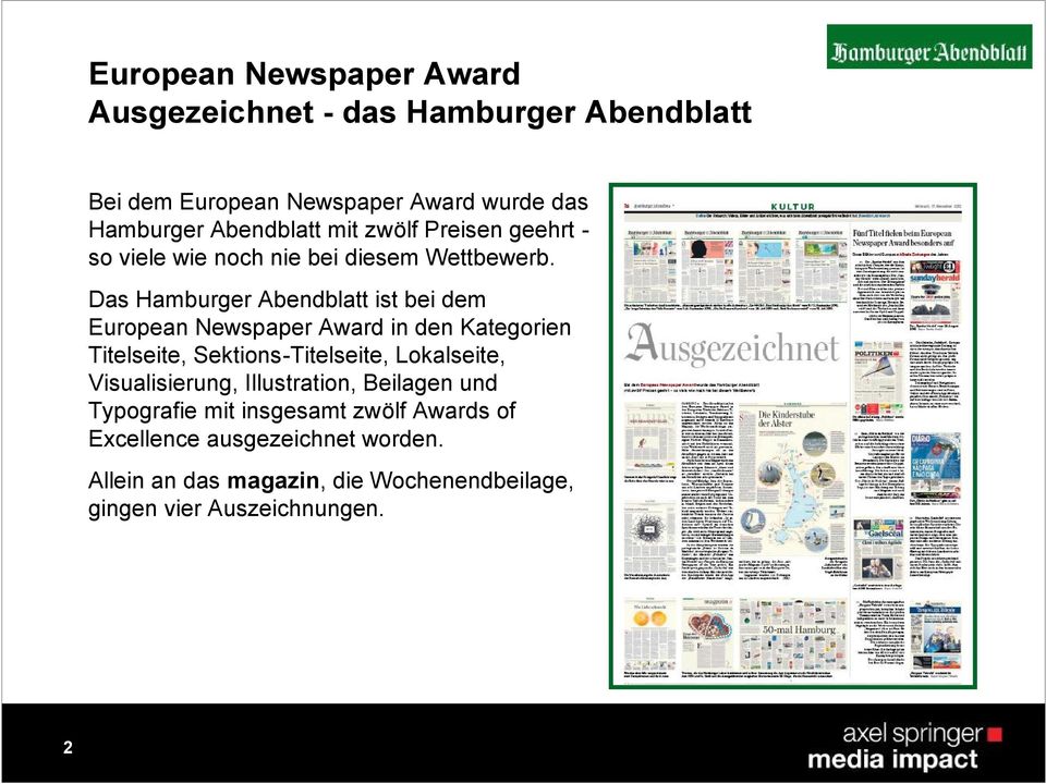 Das Hamburger Abendblatt ist bei dem European Newspaper Award in den Kategorien Titelseite, Sektions-Titelseite, Lokalseite,