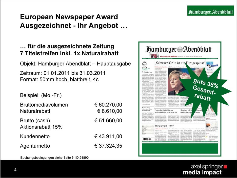 2011 Format: 50mm hoch, blattbreit, 4c Beispiel: (Mo.-Fr.) Bruttomediavolumen 60.270,00 Naturalrabatt 8.