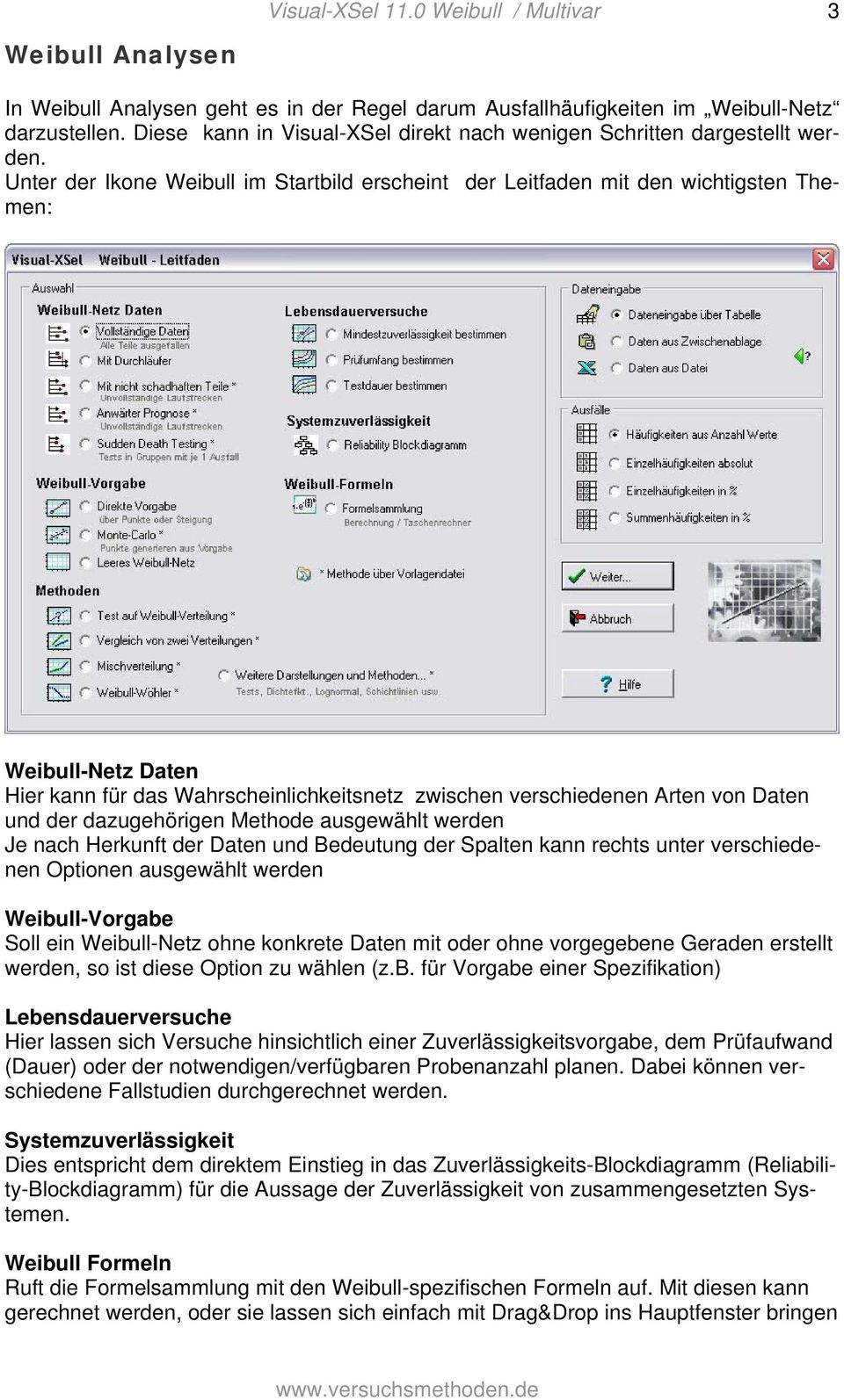 Unter der Ikone Weibull im Startbild erscheint der Leitfaden mit den wichtigsten Themen: Weibull-Netz Daten Hier kann für das Wahrscheinlichkeitsnetz zwischen verschiedenen Arten von Daten und der