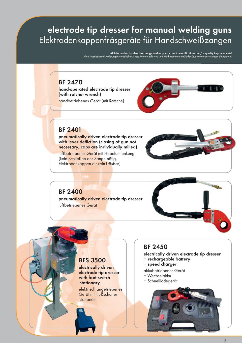 Zange nötig, Elektrodenkappen einzeln fräsbar) BF 2400 pneumatically driven electrode tip dresser luftbetriebenes Gerät BFS 3500 electrically driven electrode tip dresser with foot switch