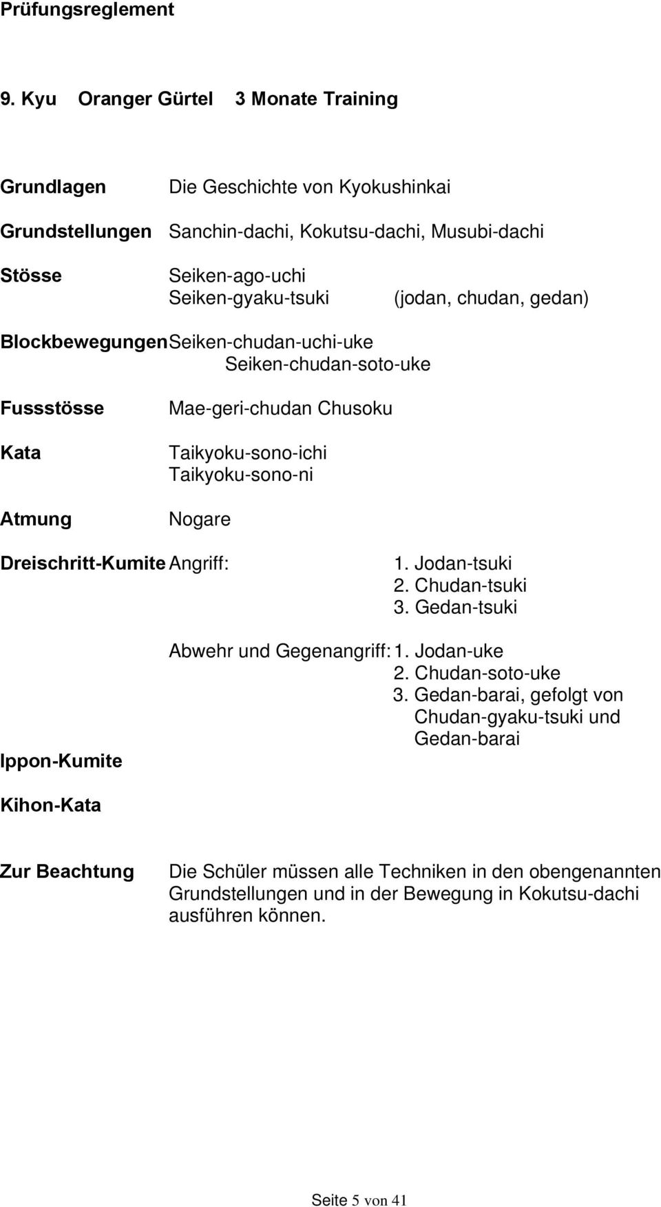 (jodan, chudan, gedan) Blockbewegungen Seiken-chudan-uchi-uke Seiken-chudan-soto-uke Fussstösse Kata Atmung Mae-geri-chudan Chusoku Taikyoku-sono-ichi Taikyoku-sono-ni Nogare