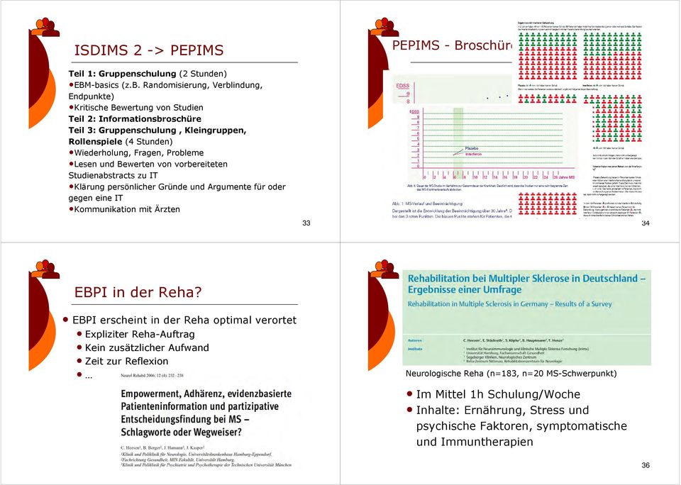 Randomisierung, Verblindung, Endpunkte) Kritische Bewertung von Studien Teil 2: Informationsbroschüre Teil 3: Gruppenschulung, Kleingruppen, Rollenspiele (4 Stunden) Wiederholung, Fragen,