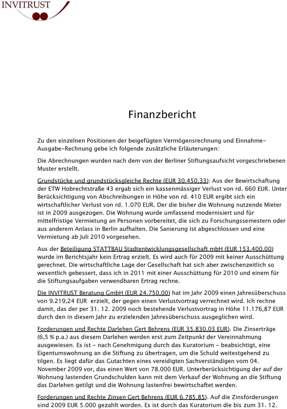 450,33): Aus der Bewirtschaftung der ETW Hobrechtstraße 43 ergab sich ein kassenmässiger Verlust von rd. 660 EUR. Unter Berücksichtigung von Abschreibungen in Höhe von rd.