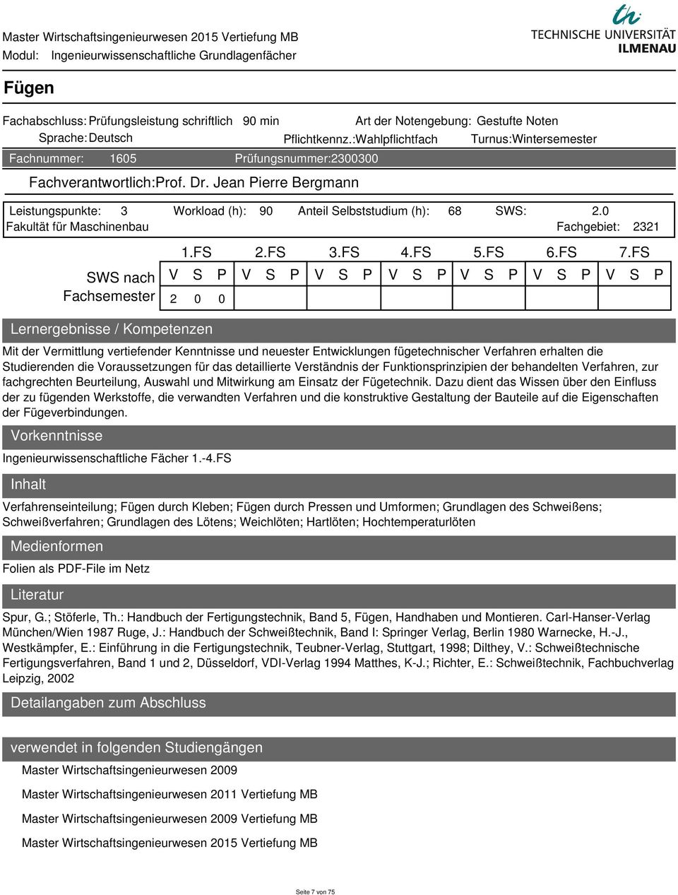 Jean ierre Bergmann Leistungspunkte: 3 Workload (h): 90 Anteil elbststudium (h): 68 W: 2.0 Fakultät für Maschinenbau Fachgebiet: W nach Fachsemester 2 0 0 Lernergebnisse / Kompetenzen 1.F 2.F 3.F 4.