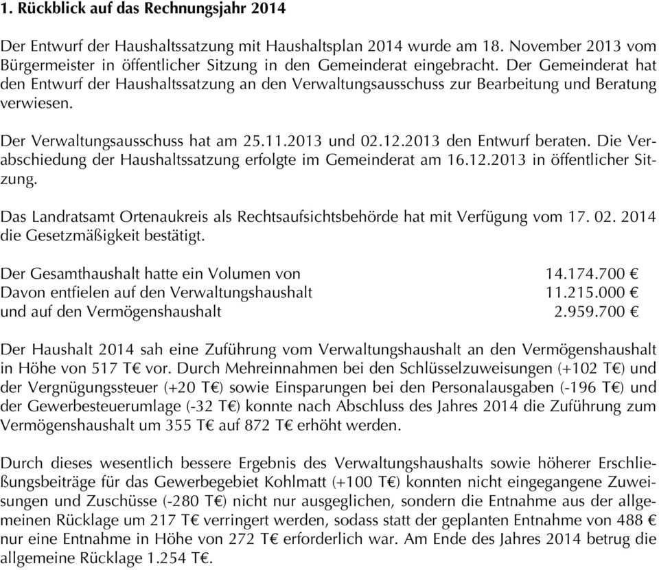 Die Verabschiedung der Haushaltssatzung erfolgte im Gemeinderat am 16.12.2013 in öffentlicher Sitzung. Das Landratsamt Ortenaukreis als Rechtsaufsichtsbehörde hat mit Verfügung vom 17. 02.