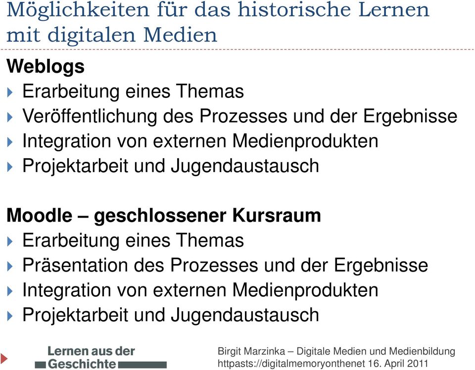 Projektarbeit und Jugendaustausch Moodle geschlossener Kursraum Erarbeitung eines Themas