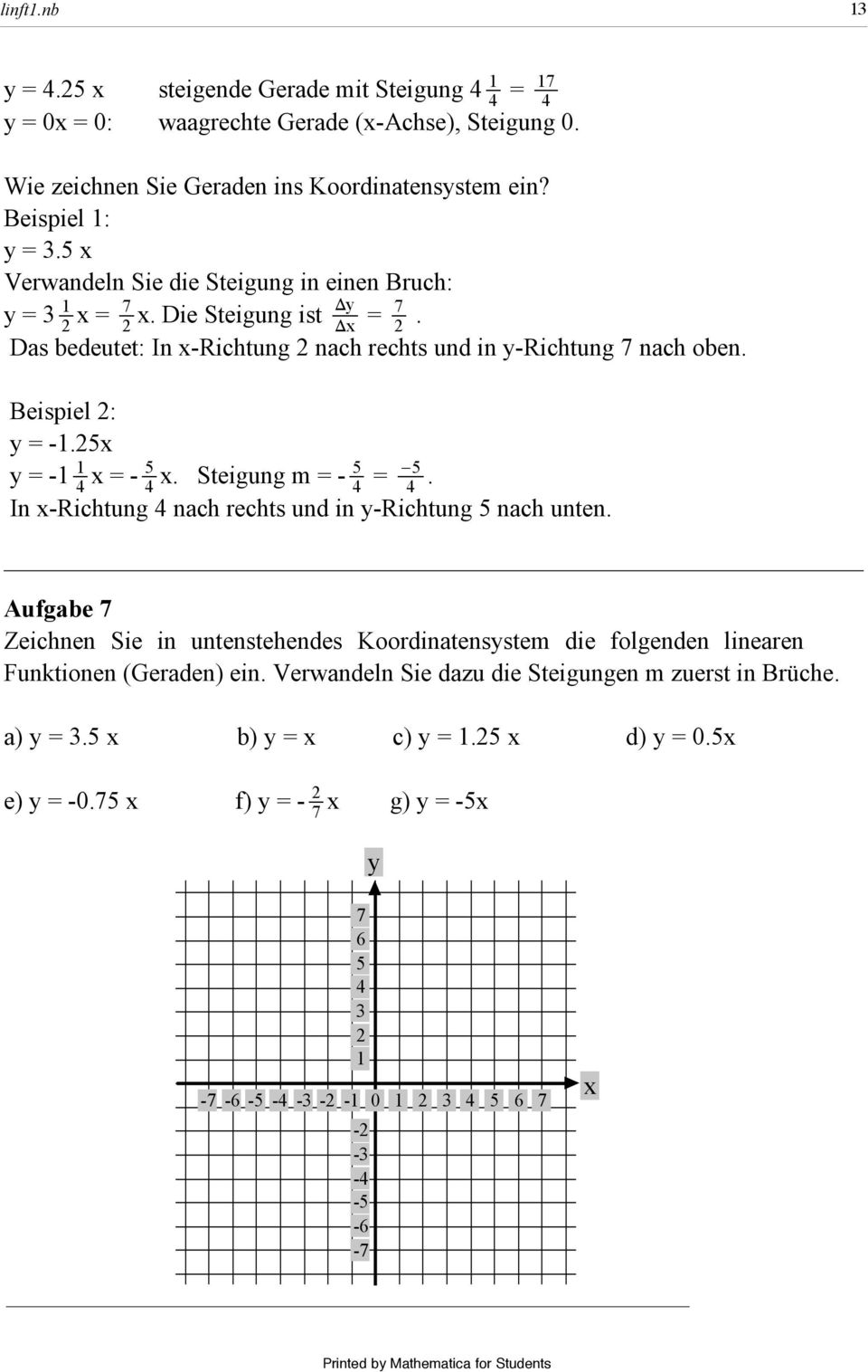 nb Wie zeichnen Sie Geraden ins Koordinatensstem ein? Beispiel : =. Verwandeln Sie die Steigung in einen Bruch: = ÅÅÅÅ = ÅÅÅÅ 7 D. Die Steigung ist ÅÅÅÅÅÅÅ D = ÅÅÅÅ 7.