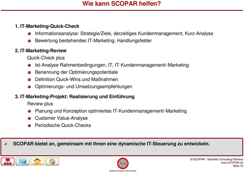 IT-Marketing-Review Quick-Check plus Ist-Analyse Rahmenbedingungen, IT, IT-Kundenmanagement/-Marketing Benennung der Optimierungspotentiale Definition Quick-Wins und