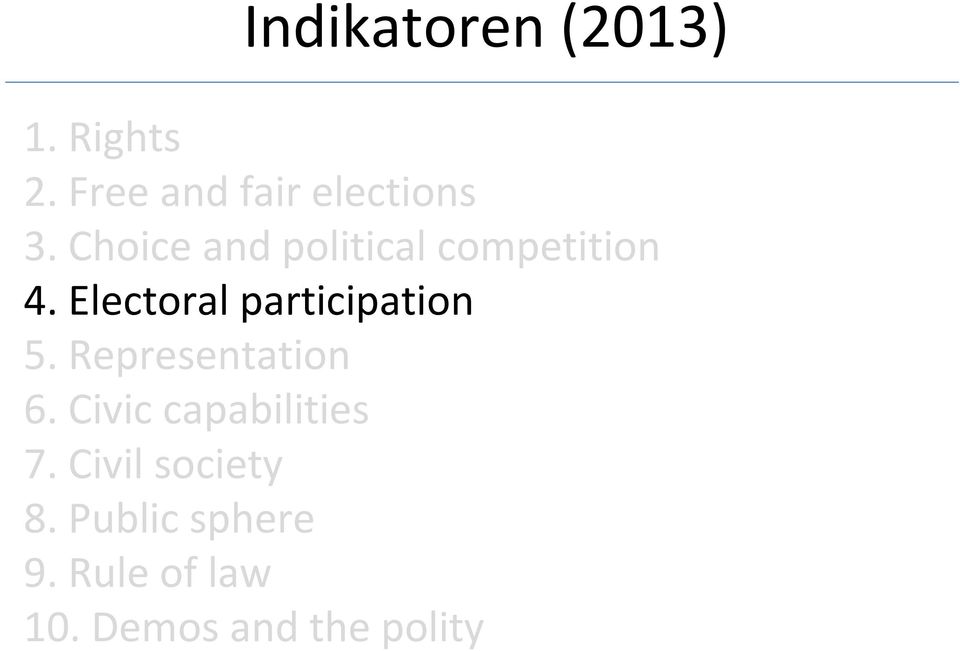 Electoral participation 5. Representation 6.