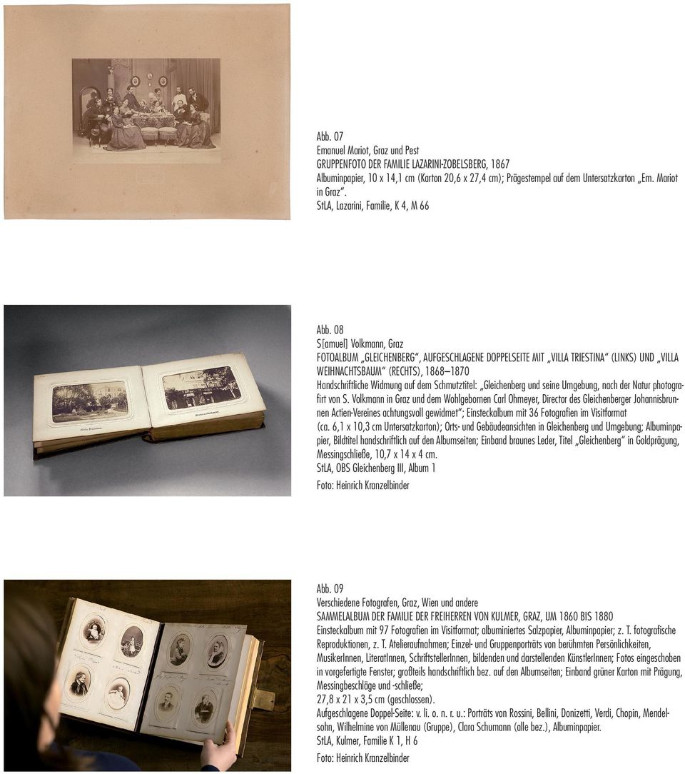 08 S[amuel] Volkmann, Graz Fotoalbum Gleichenberg, aufgeschlagene Doppelseite mit Villa Triestina (links) und Villa Weihnachtsbaum (rechts), 1868 1870 Handschriftliche Widmung auf dem Schmutztitel: