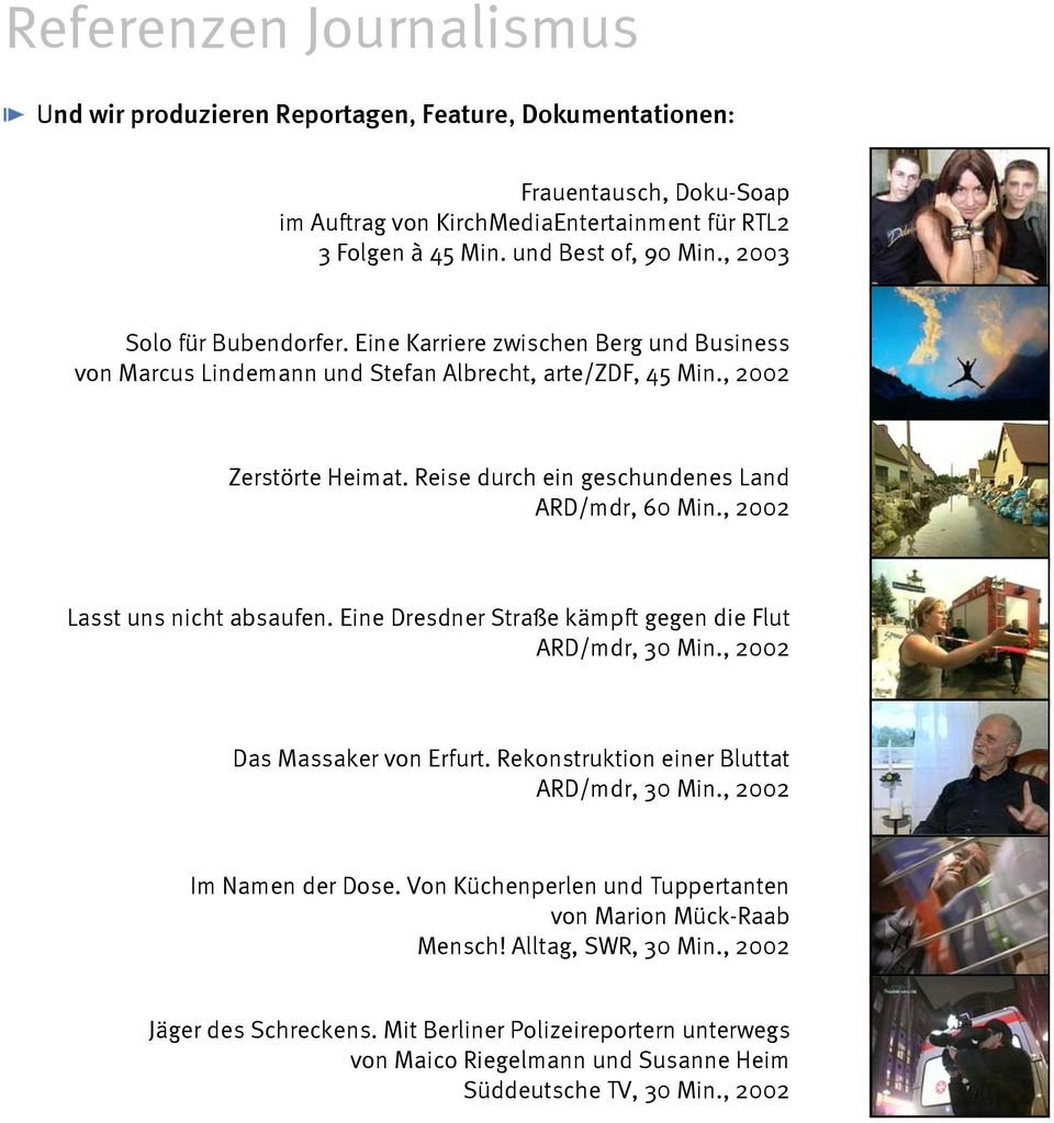 Reise durch ein geschundenes Land ARD/mdr, 60 Min., 2002 Lasst uns nicht absaufen. Eine Dresdner Straße kämpft gegen die Flut ARD/mdr, 30 Min., 2002 Das Massaker von Erfurt.