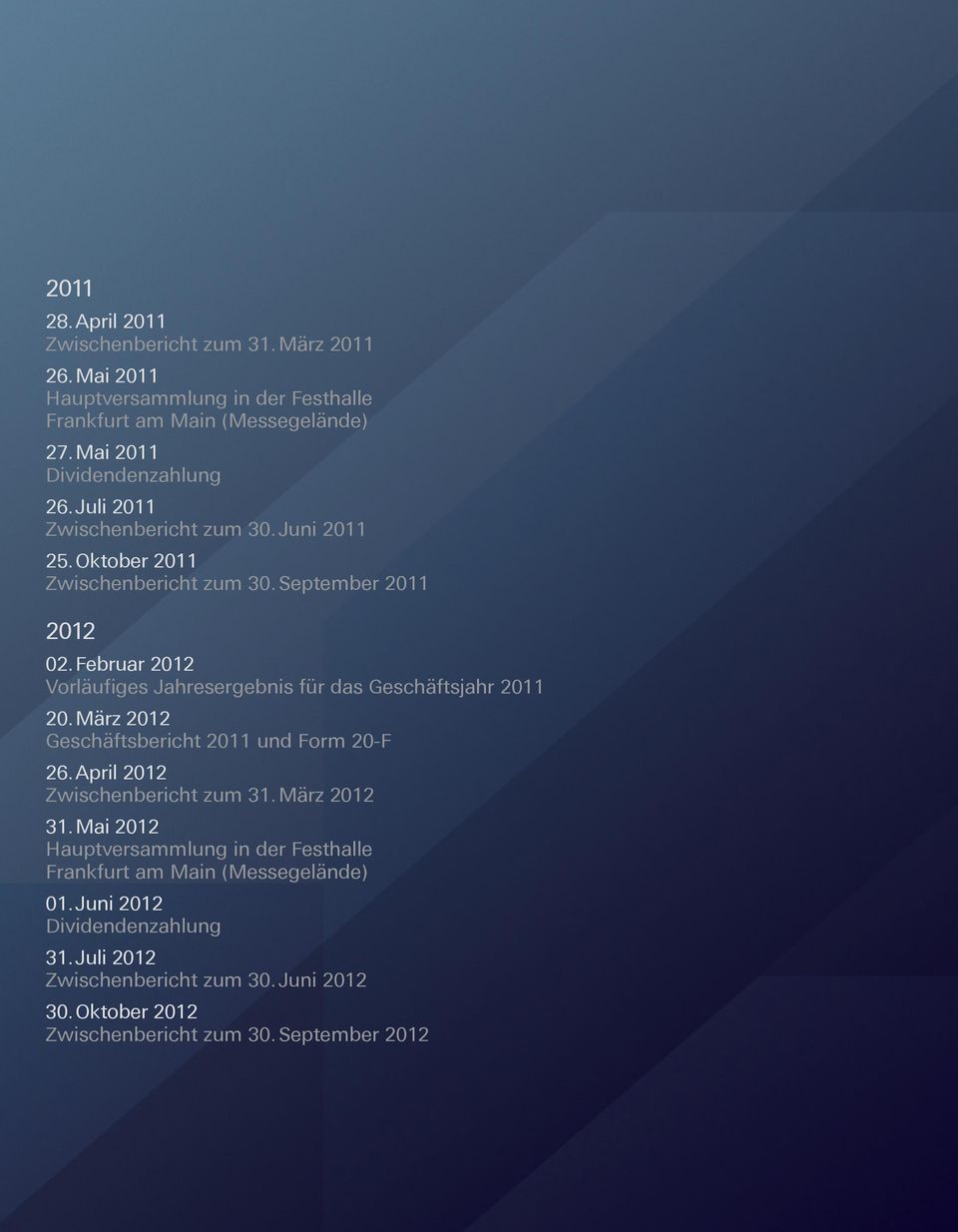 Februar 2012 Vorläufiges Jahresergebnis für das Geschäftsjahr 2011 20. März 2012 Geschäftsbericht 2011 und Form 20-F 26. April 2012 Zwischenbericht zum 31.