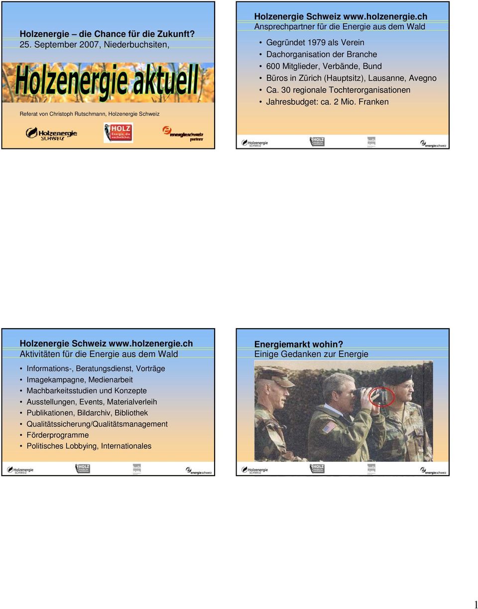 30 regionale Tochterorganisationen Jahresbudget: ca. 2 Mio. Franken Holzenergie Schweiz www.holzenergie.
