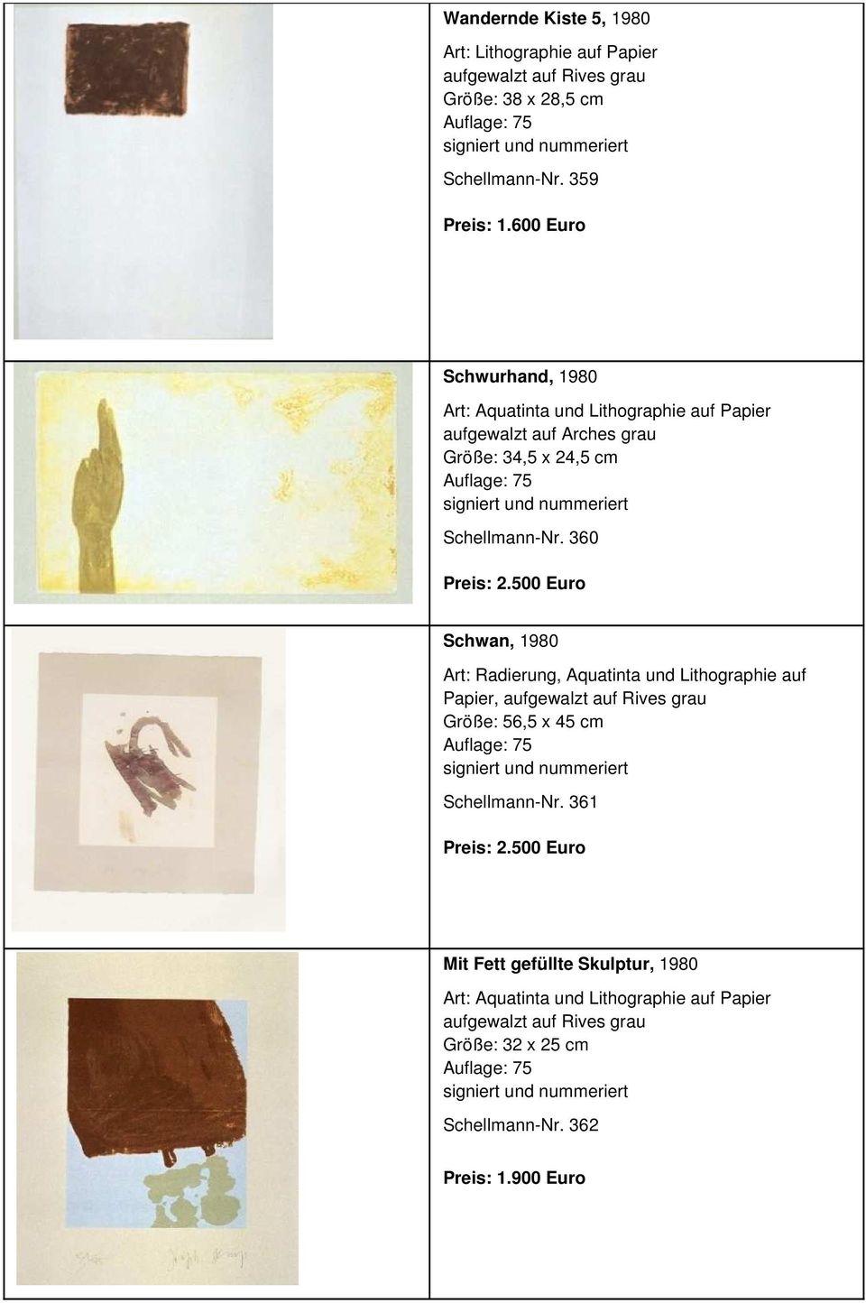 500 Euro Schwan, 1980 Art: Radierung, Aquatinta und Lithographie auf Papier, aufgewalzt auf Rives grau Größe: 56,5 x 45 cm Schellmann-Nr.