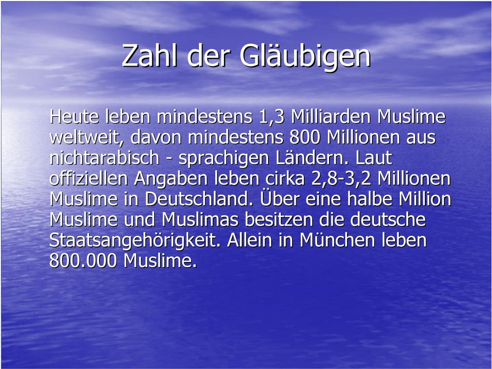Laut offiziellen Angaben leben cirka 2,8-3,2 Millionen Muslime in Deutschland.