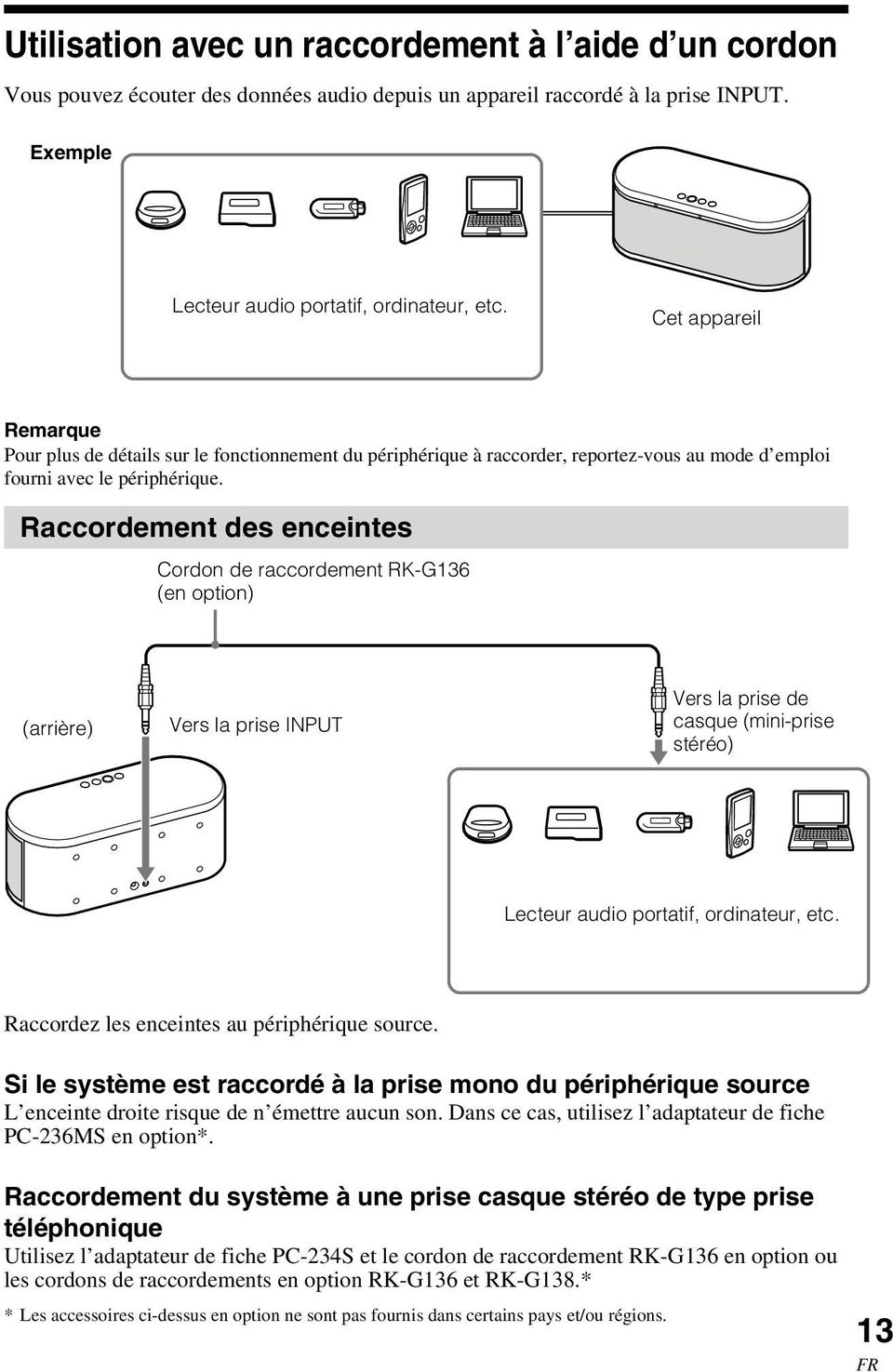 Raccordement des enceintes Cordon de raccordement RK-G136 (en option) (arrière) Vers la prise INPUT Vers la prise de casque (mini-prise stéréo) Lecteur audio portatif, ordinateur, etc.