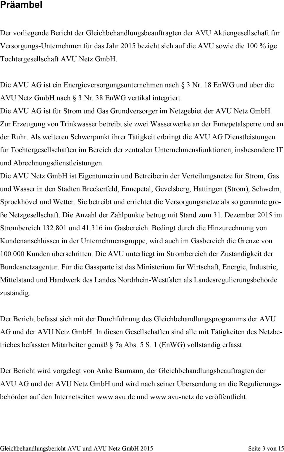 Die AVU AG ist für Strom und Gas Grundversorger im Netzgebiet der AVU Netz GmbH. Zur Erzeugung von Trinkwasser betreibt sie zwei Wasserwerke an der Ennepetalsperre und an der Ruhr.