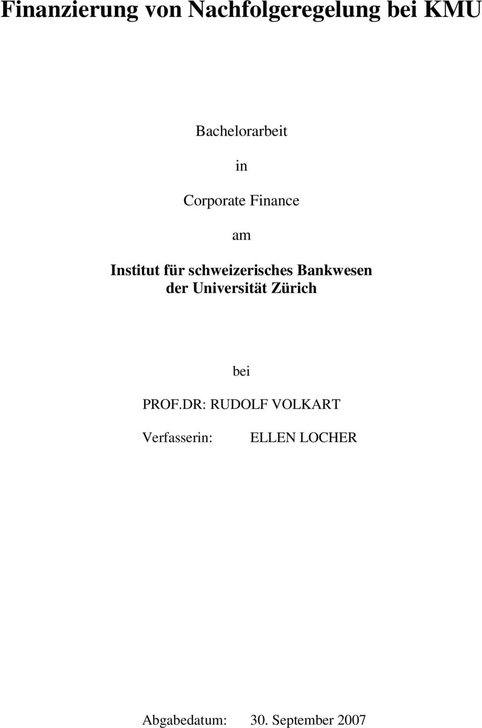 Bankwesen der Universität Zürich bei PROF.