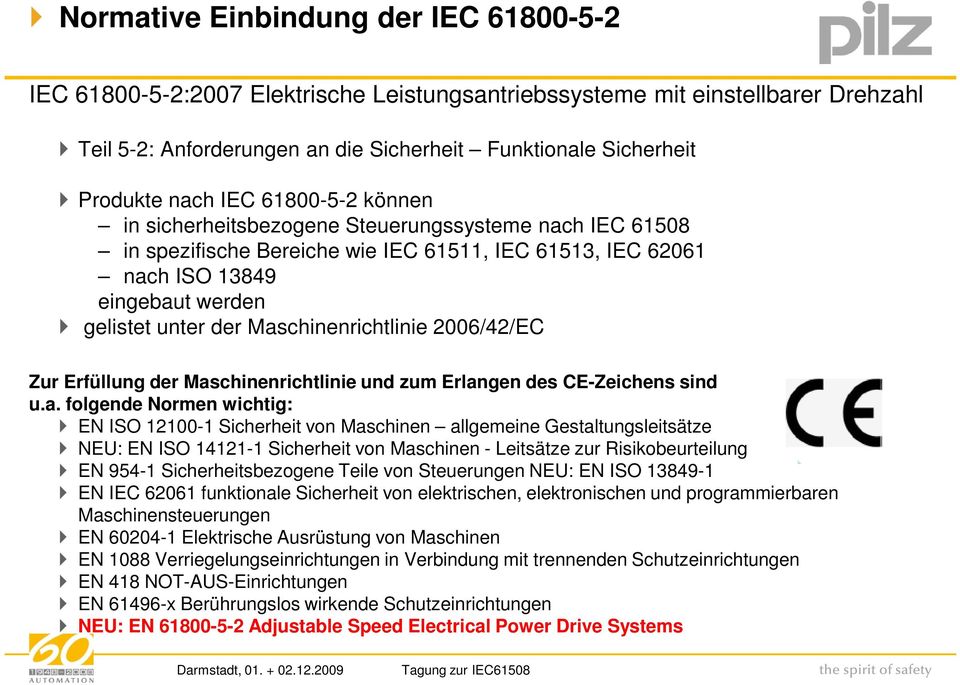 Maschinenrichtlinie 2006/42/EC Zur Erfüllung der Maschinenrichtlinie und zum Erlangen des CE-Zeichens sind u.a. folgende Normen wichtig: EN ISO 12100-1 Sicherheit von Maschinen allgemeine