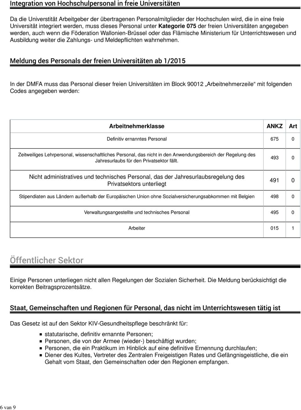 In der DMFA muss das Personal dieser freien Universitäten im Block 90012 Arbeitnehmerzeile mit folgenden Codes angegeben werden: Arbeitnehmerklasse ANKZ Art Definitiv ernanntes Personal 675 0