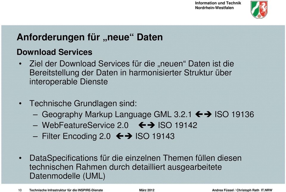 Geography Markup Language GML 3.2.1 ISO 19136 WebFeatureService 2.0 ISO 19142 Filter Encoding 2.