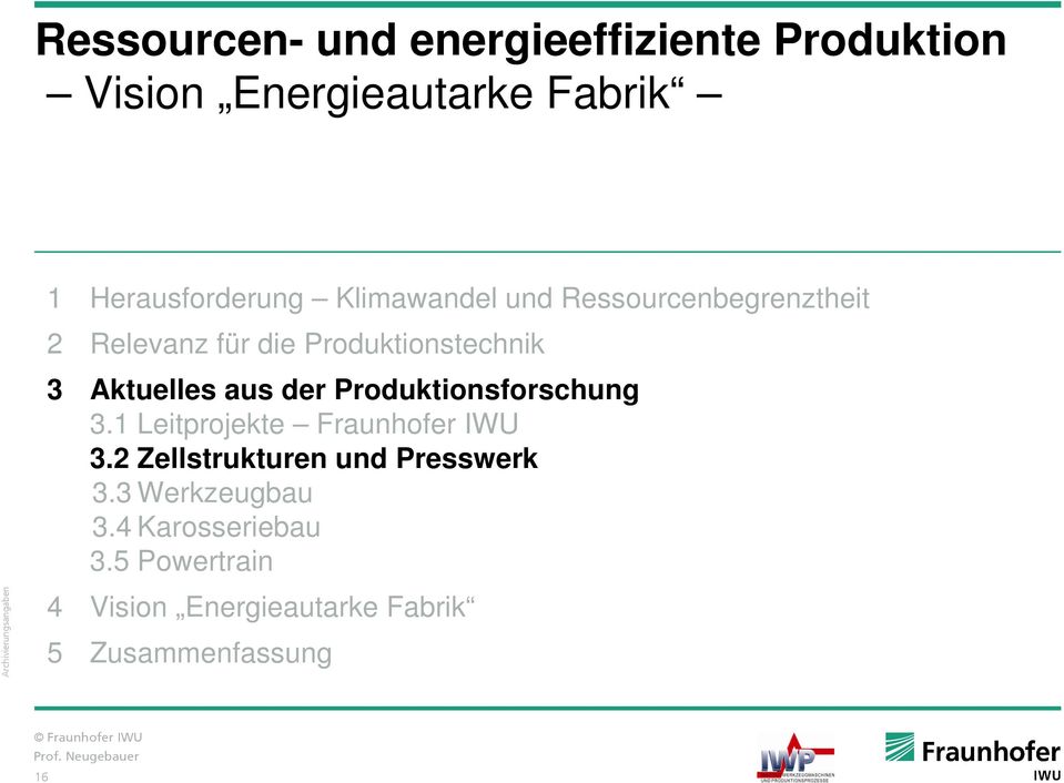 der Produktionsforschung 3.1 Leitprojekte Fraunhofer IWU 3.2 Zellstrukturen und Presswerk 3.