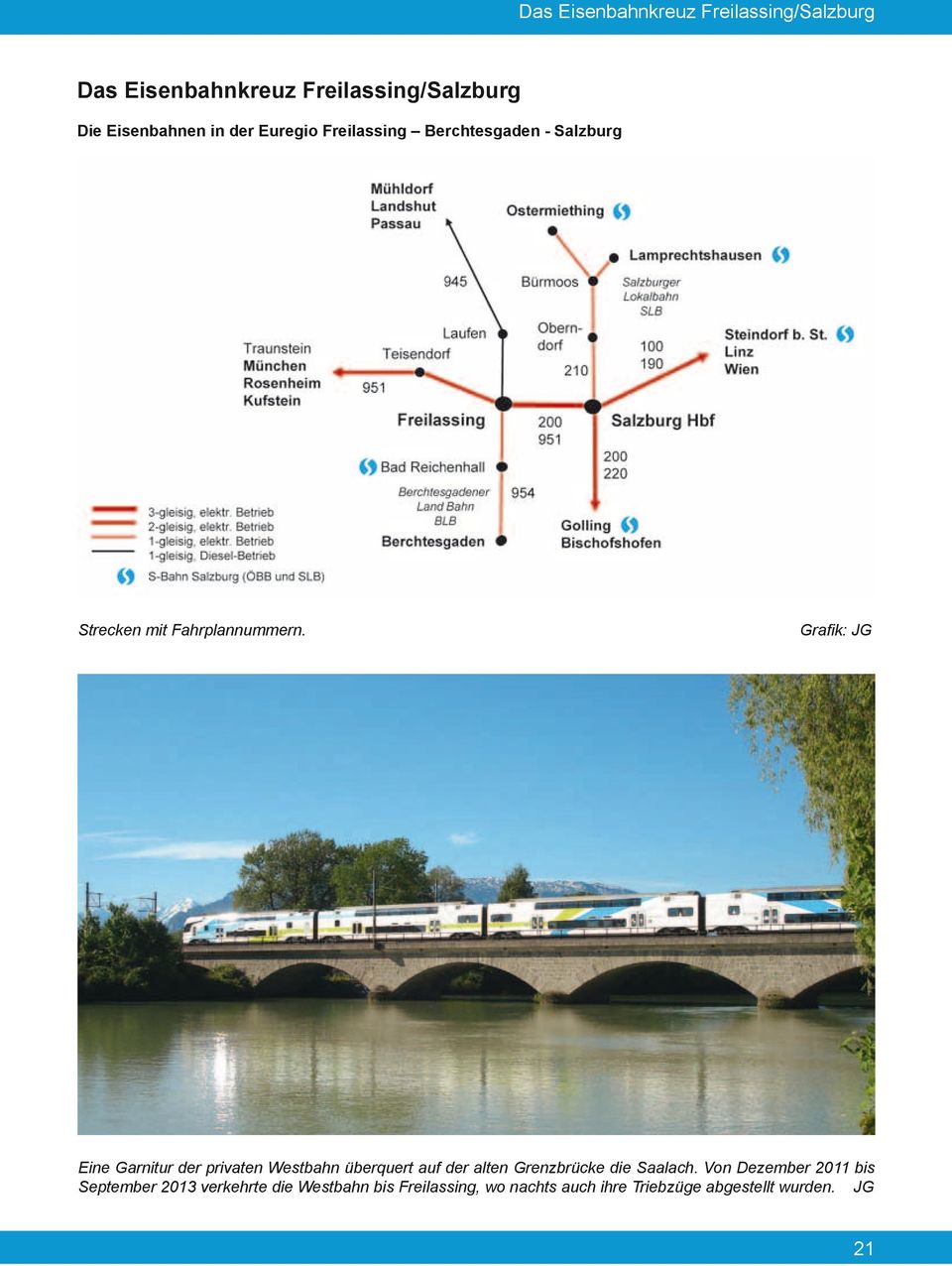 Grafik: Eine Garnitur der privaten Westbahn überquert auf der alten Grenzbrücke die Saalach.