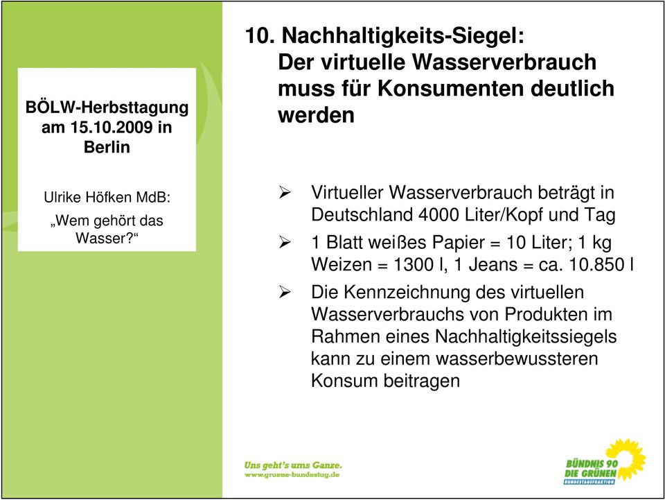 10 Liter; 1 kg Weizen = 1300 l, 1 Jeans = ca. 10.