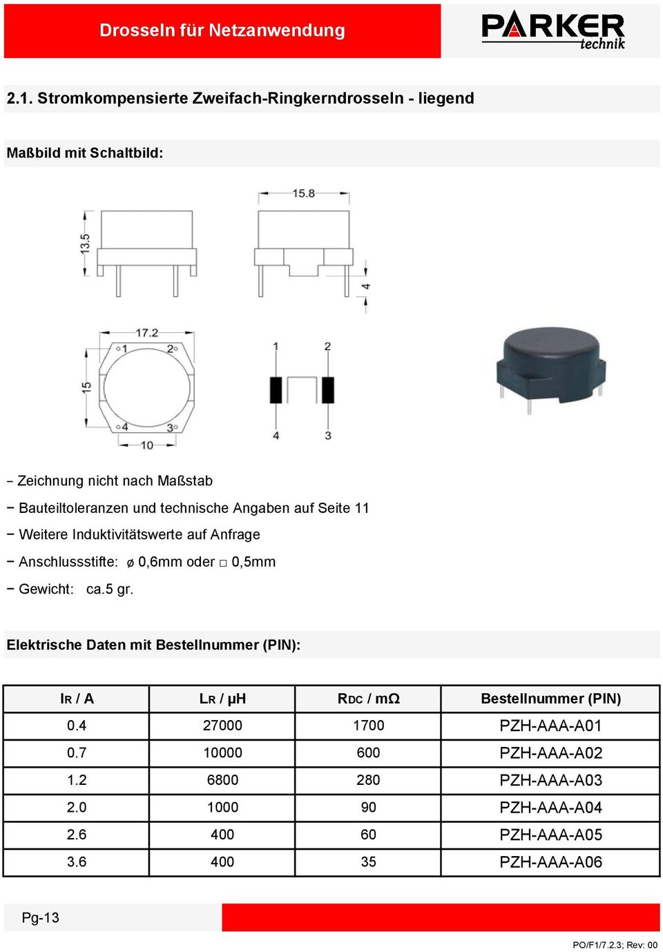 technische Angaben auf Seite 11 Weitere Induktivitätswerte auf Anfrage Anschlussstifte: ø 0,6mm oder 0,5mm Gewicht: ca.5 gr.