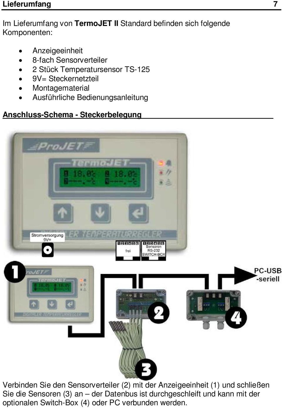 Anschluss-Schema - Steckerbelegung Verbinden Sie den Sensorverteiler (2) mit der Anzeigeeinheit (1) und schließen Sie