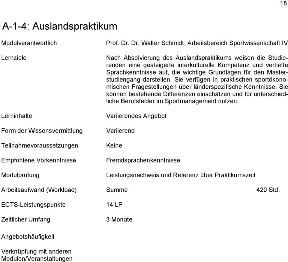 Sprachkenntnisse auf, die wichtige Grundlagen für den Masterstudiengang darstellen. Sie verfügen in praktischen sportökonomischen Fragestellungen über länderspezifische Kenntnisse.