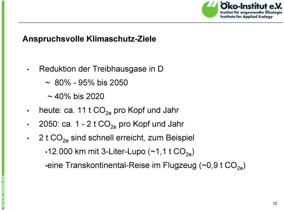 1-2 t CO 2e pro Kopf und Jahr 2 t CO 2e sind schnell erreicht, zum Beispiel 12.