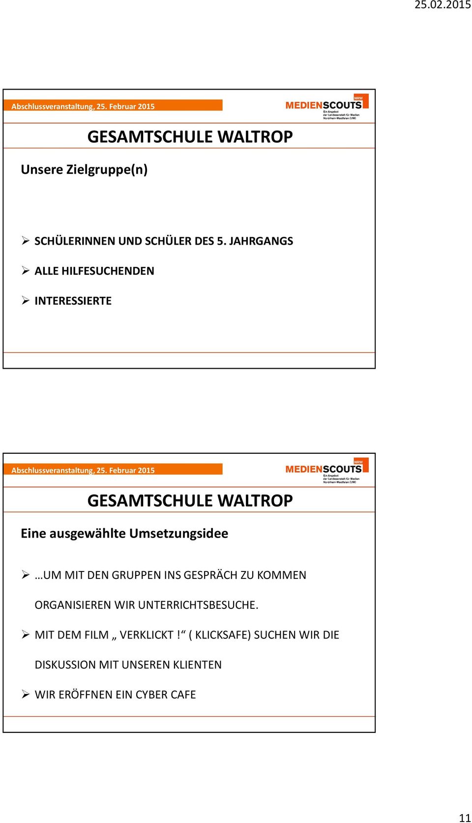 Poguntke Seite 21 GESAMTSCHULE WALTROP Eine ausgewählte Umsetzungsidee UM MIT DEN GRUPPEN INS GESPRÄCH ZU KOMMEN ORGANISIEREN WIR UNTERRICHTSBESUCHE.