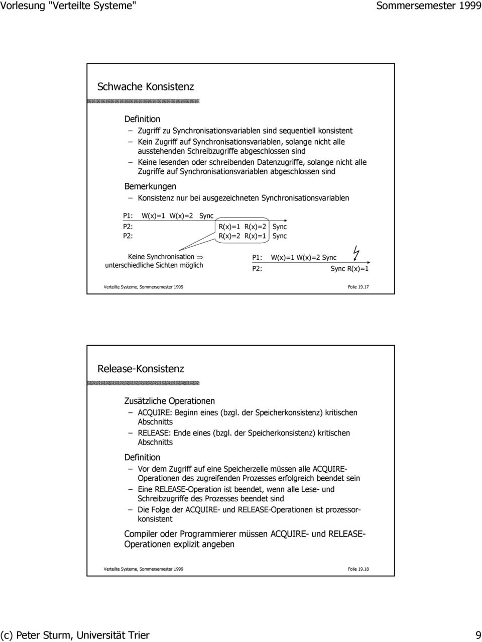 Synchronisationsvariablen P1: W(x)=1 W(x)=2 Sync P2: R(x)=1 R(x)=2 Sync P2: R(x)=2 R(x)=1 Sync Keine Synchronisation unterschiedliche Sichten möglich P1: W(x)=1 W(x)=2 Sync P2: Sync R(x)=1 Verteilte