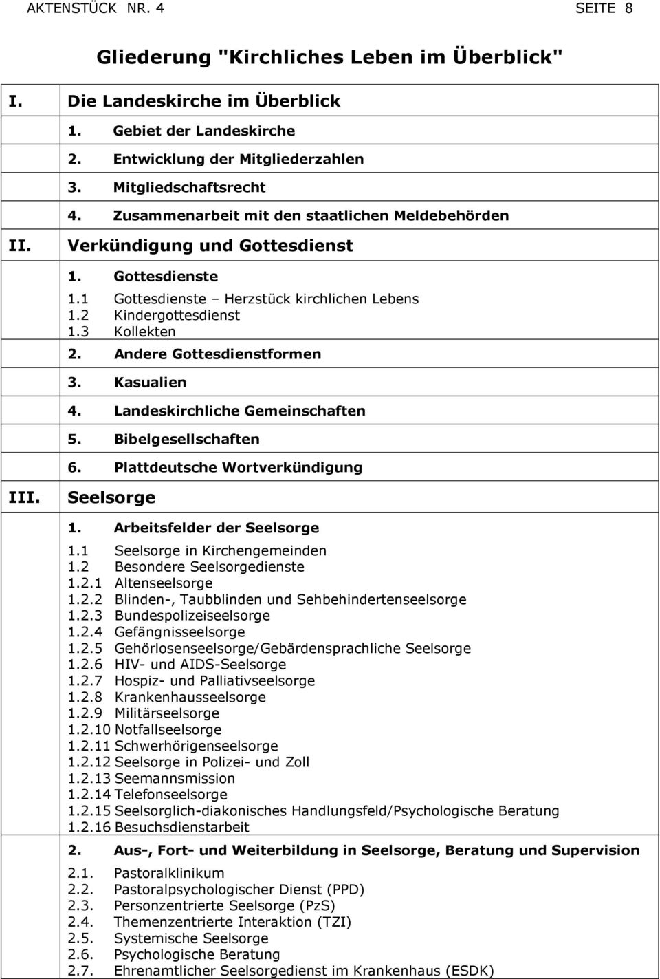 Andere Gottesdienstformen 3. Kasualien 4. Landeskirchliche Gemeinschaften 5. Bibelgesellschaften 6. Plattdeutsche Wortverkündigung III. Seelsorge 1. Arbeitsfelder der Seelsorge 1.