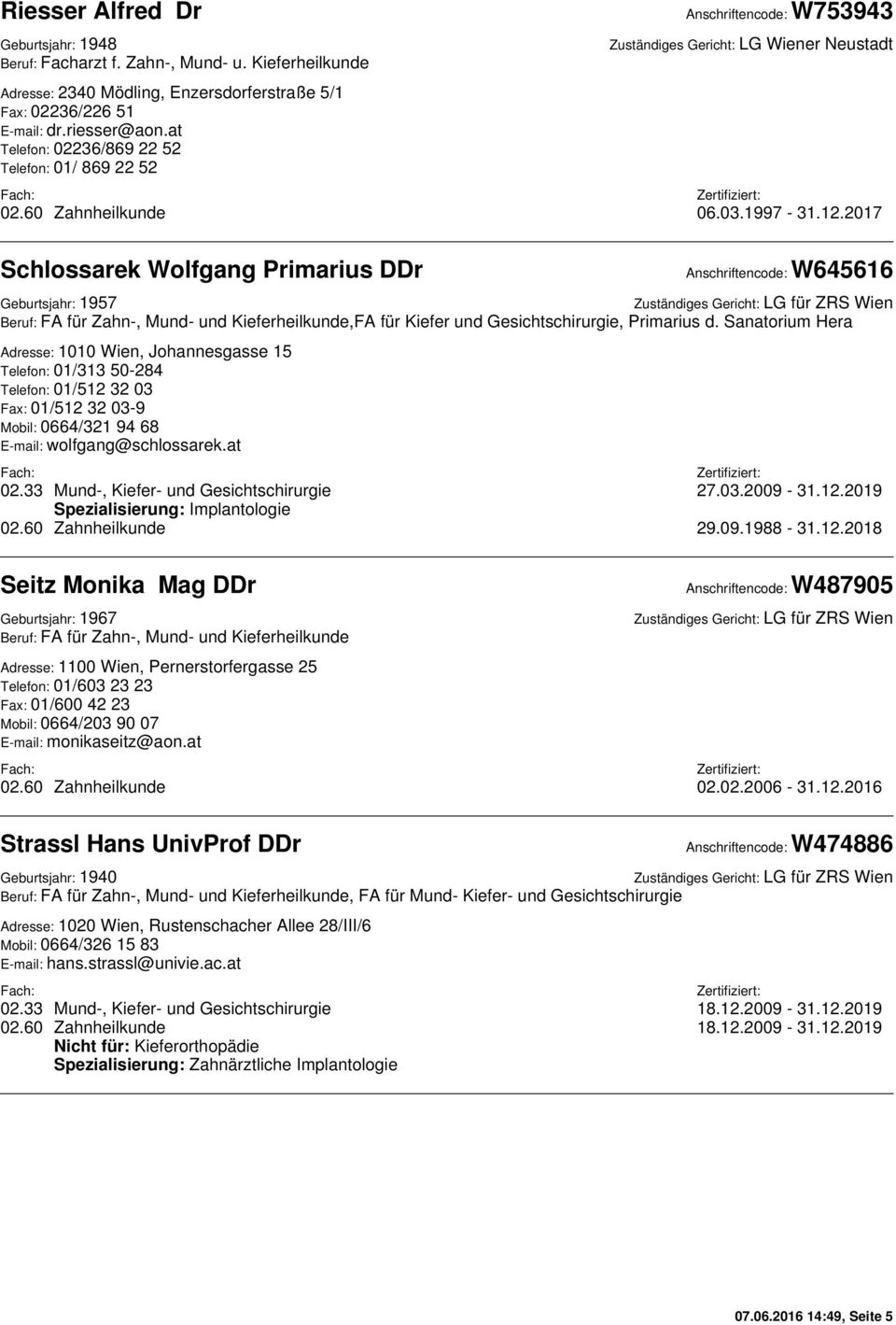 2017 Schlossarek Wolfgang Primarius DDr Anschriftencode: W645616 Geburtsjahr: 1957,FA für Kiefer und Gesichtschirurgie, Primarius d.