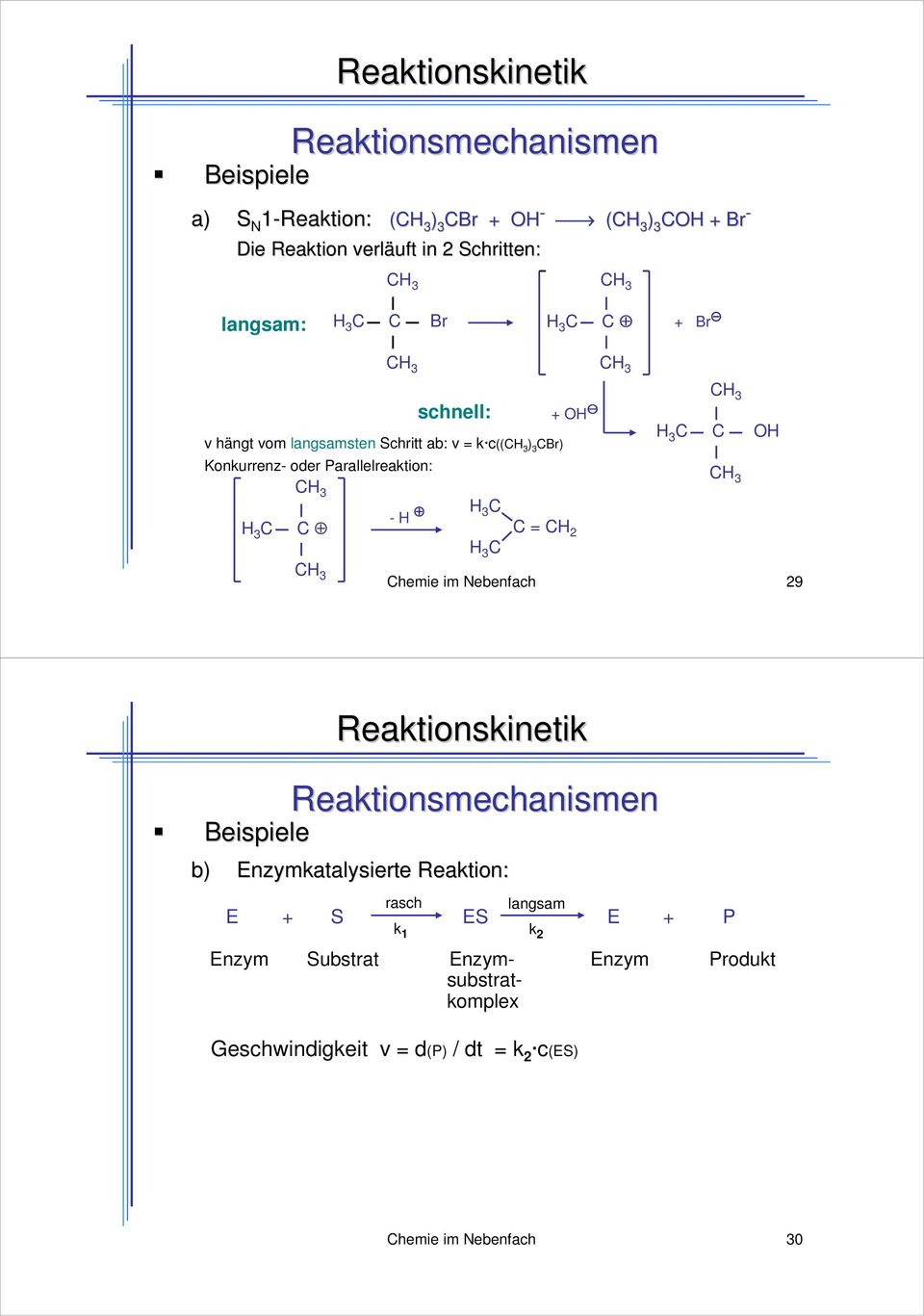 C C H 3 C + OH C = CH 2 H 3 C C OH Chemie im Nebenfach 29 Beispiele Reaktionsmechanismen b) Enzymkatalysierte Reaktion: rasch langsam E
