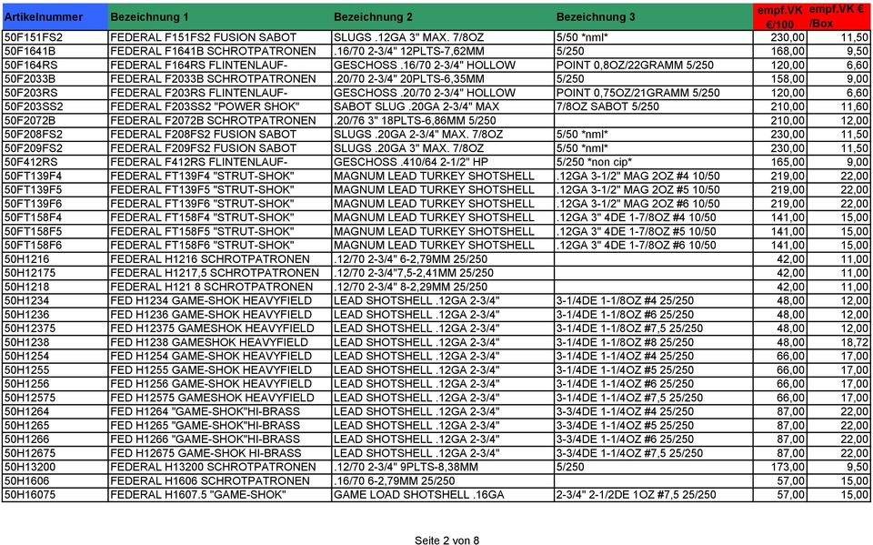 20/70 2-3/4" 20PLTS-6,35MM 5/250 158,00 9,00 50F203RS FEDERAL F203RS FLINTENLAUF- GESCHOSS.20/70 2-3/4" HOLLOW POINT 0,75OZ/21GRAMM 5/250 120,00 6,60 50F203SS2 FEDERAL F203SS2 "POWER SHOK" SABOT SLUG.