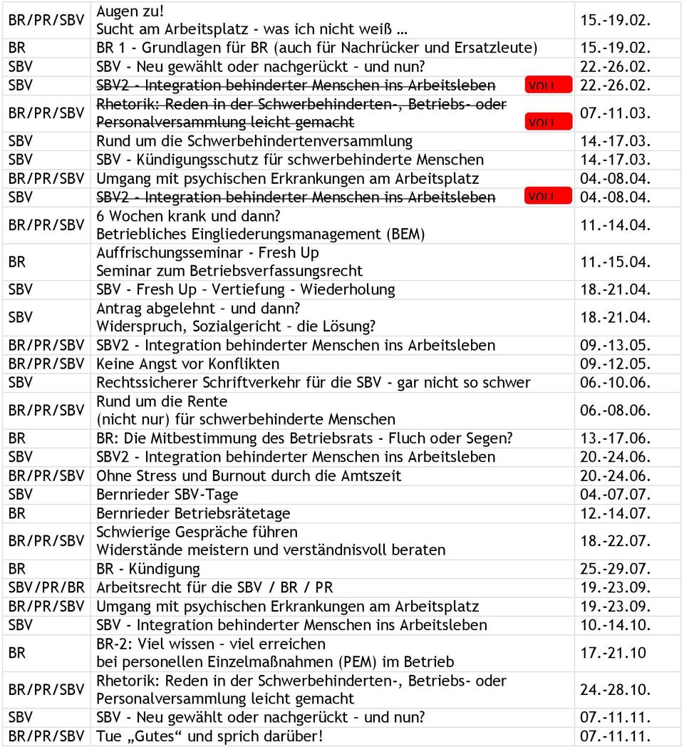 -17.03. Umgang mit psychischen Erkrankungen am Arbeitsplatz 04.-08.04. SBV SBV2 - Integration behinderter Menschen ins Arbeitsleben VOLL 04.-08.04. 6 Wochen krank und dann?