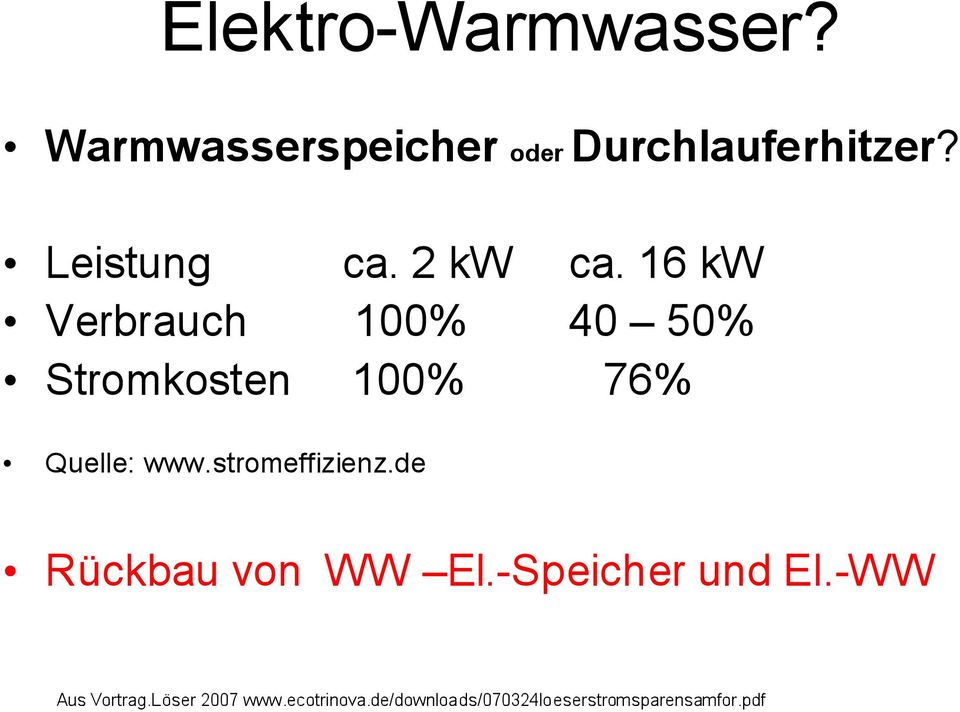 16 kw Verbrauch 100% 40 50% Stromkosten 100% 76% Quelle: www.
